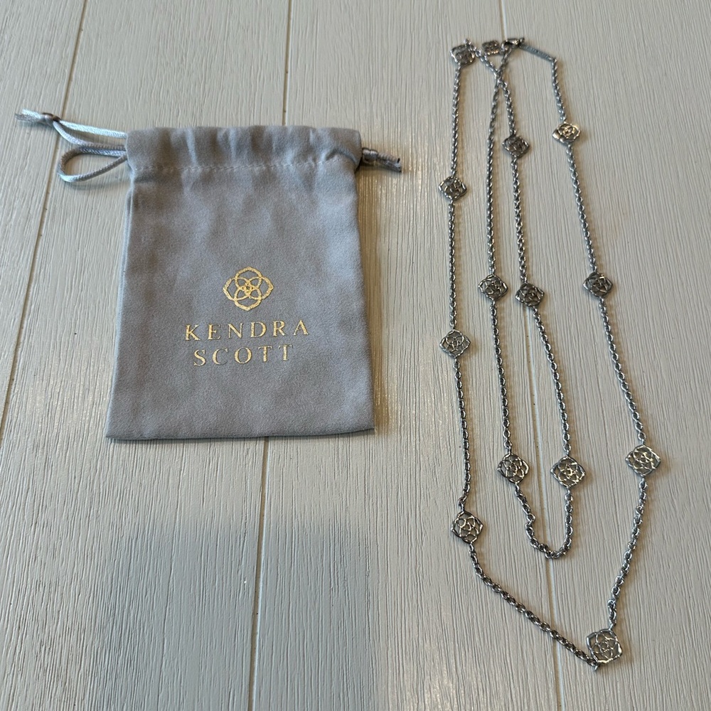 Kendra Scott Devalyn Long Station Necklace Logo Medallion Silver tone